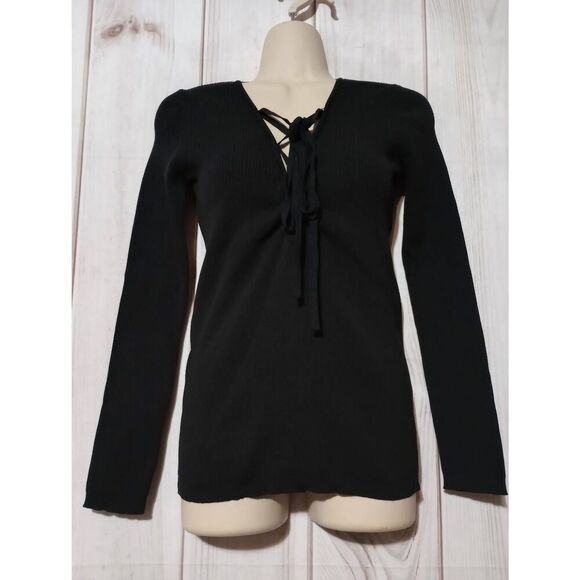 Zara Sweater Ladies Small Black‎ Lace Tie Neck Form Fitting - Picture 1 of 6